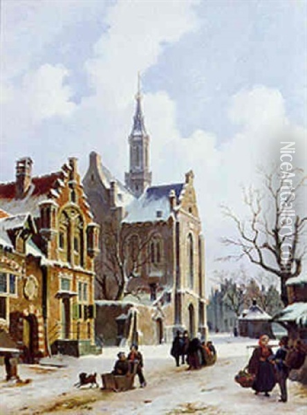 Winter: Townfolk Strolling Near A Church Oil Painting - Johannes Rutten