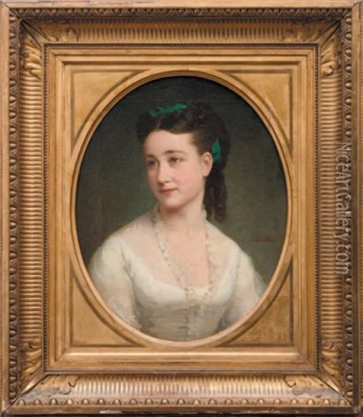 Portrait De Jeune Femme En Robe Blanche, Un Ruban Vert Dans Sa Chevelure Brune Oil Painting - Jules Masse