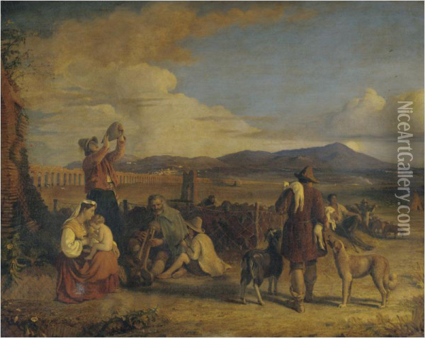 Italian Peasants On The Campagna Oil Painting - Joseph Arthur Palliser Severn