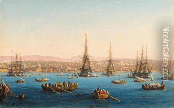 Fleet Of Ships Before A Turkish Coastal Town Oil Painting - Louis Lottier