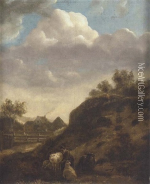 A Landscape With A Shepherdess Oil Painting - Anthonie Van Borssom
