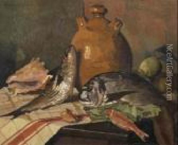 Natura Morta Con Pesci, Orciolo, Limoni E Conchiglie Oil Painting - Llewelyn Lloyd