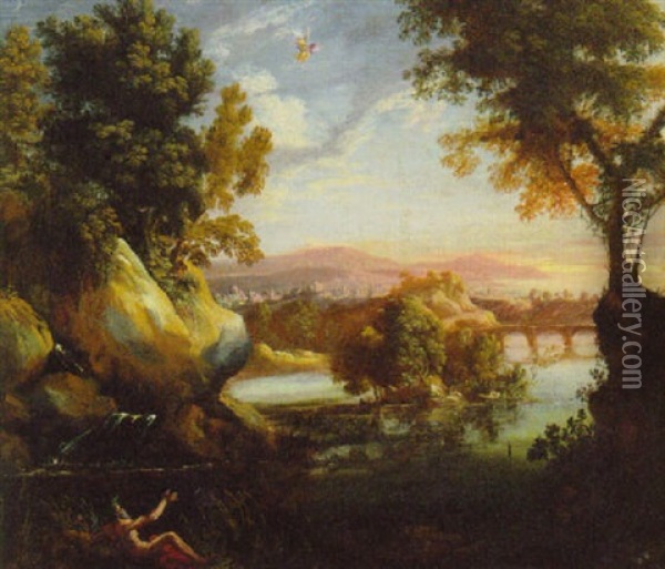 An Extensive River Landscape At Dawn, A River God On A Bank, With Aurora Oil Painting - Gaspard Dughet