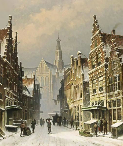 A Snowy View Of The Smedestraat, Haarlem Oil Painting - Eduard Alexander Hilverdink
