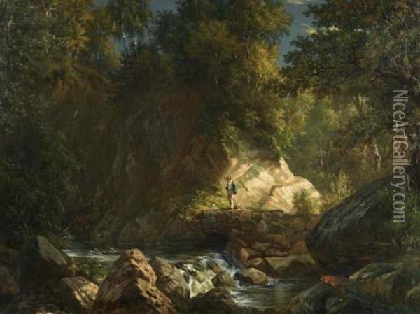 Fishermen At The Woodland Stream. 1881. Oil Painting - Johann Jakob Ulrich