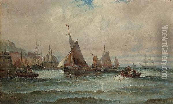 Fishing Boats Making For Harbour, Scarborough Oil Painting - William A. Thornley Or Thornber
