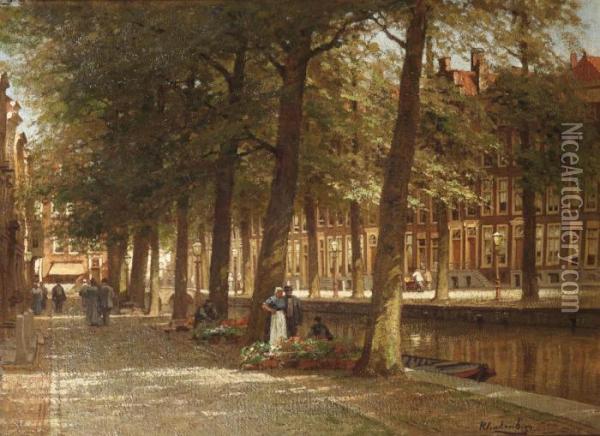 Selling Flowers At The Smidswater, The Hague Oil Painting - Johannes Christiaan Karel Klinkenberg