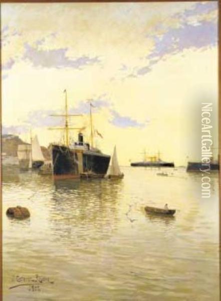 Navi Nel Porto Di Barcellona Oil Painting - Francisco Gutierrez Rivera