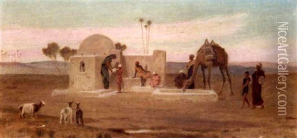The Wayside Well And Water Trough Near Cairo (+ Shepherds At Gizeh; Pair) Oil Painting - Frederick Goodall