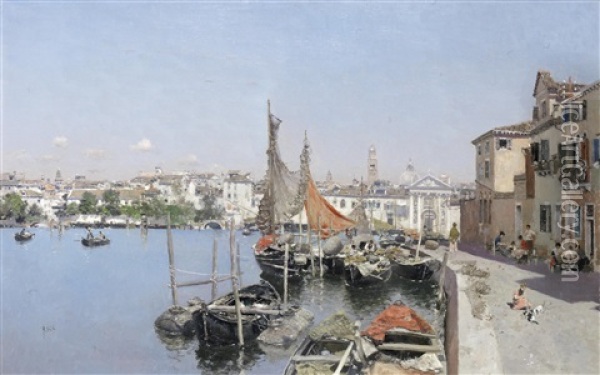 A Venetian Waterfront Oil Painting - Martin Rico y Ortega