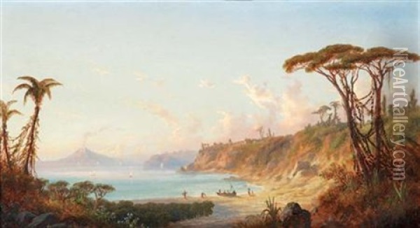 Tropical Landscape (+ View Of The Bay Of Naples; 2 Works) Oil Painting - Alexander Francois Loemans