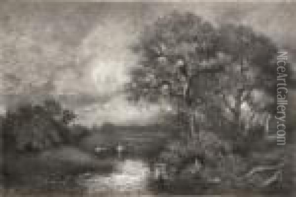 Nachtliche Baumlandschaft Mit
 See. Oil Painting - Jules Dupre