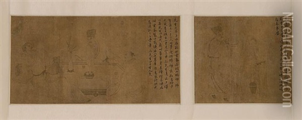 Scenes Of Scholars With Extensive Calligraphy (2 Works 1 Mount) Oil Painting -  Li Zhongmo