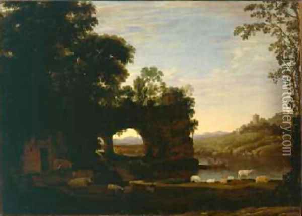 Landscape with a Rock and River 1628 30 Oil Painting - Claude Lorrain (Gellee)