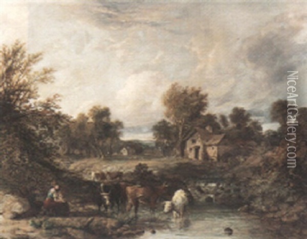A River Landscape With Children, Cows And A Mill Oil Painting - Thomas Gainsborough