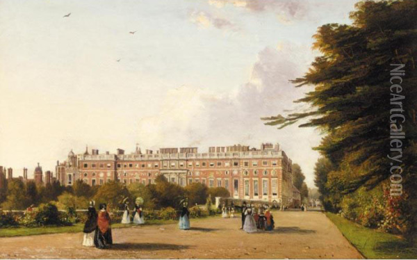 Hampton Court Palace, With Elegant Company Promenading In The Foreground Oil Painting - George Hilditch