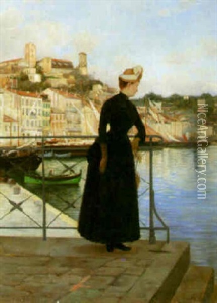 A Portrait Of His Wife, Jacqueline, In Cannes Oil Painting - Gaston La Touche