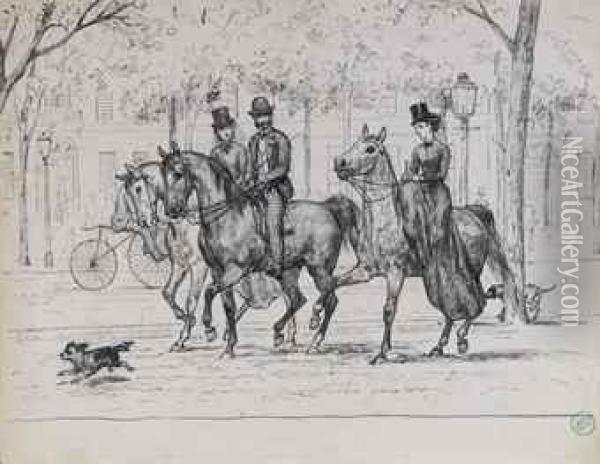 Two Elegant Ladies And A Gentleman On Horseback Oil Painting - Willem De Famars Testas