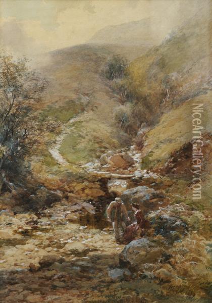 Figures By Mountain Stream Oil Painting - Paul Jacob Naftel