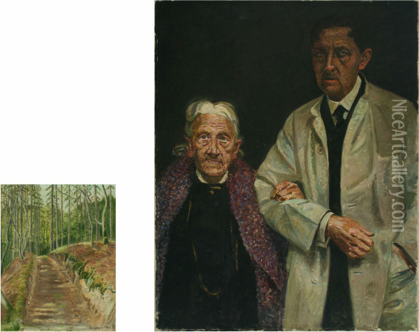 Forest Scenery And Portrait Of Aage Thune Jacobsen With His Mother Vilhelmine Oil Painting - Frederik Lange