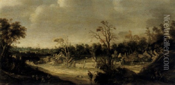An Extensive Wooded Landscape With Travellers And A Settlement Beyond Oil Painting - Joachim Govertsz Camphuysen