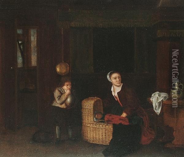 A Mother And Child In An Interior With A Dwarf. Oil Painting - Gerard Terborch