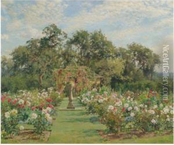 A Sundial In A Rose Garden Oil Painting - Alfred Parsons