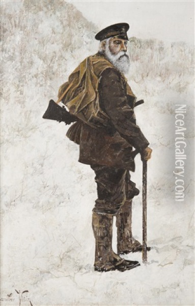 A Man With A Rifle Oil Painting - Jaroslav Friedrich Julius Vesin