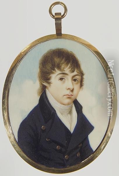A Boy, Wearing Dark Blue Coat With Black Collar, White Waistcoat And Cravat. Oil Painting - Edward Green Malbone