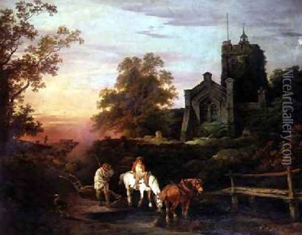 A Sunset Evening the Curfew Tolls the Knell of Parting Day Oil Painting - Philip Jacques de Loutherbourg