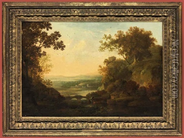 A Capriccio River Landscape With Figures Fishing, The Temple Of Vesta On A Hill Beyond Oil Painting - George Smith of Chichester