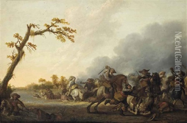 A Cavalry Skirmish With Horsemen Retreating Into A River To The Left Oil Painting - Palamedes Palamedesz the Elder