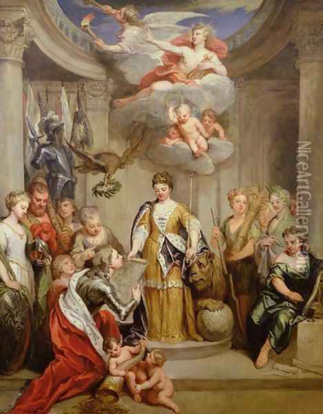 Queen Anne presenting plans of Blenheim to military Merit Oil Painting - Sir Godfrey Kneller