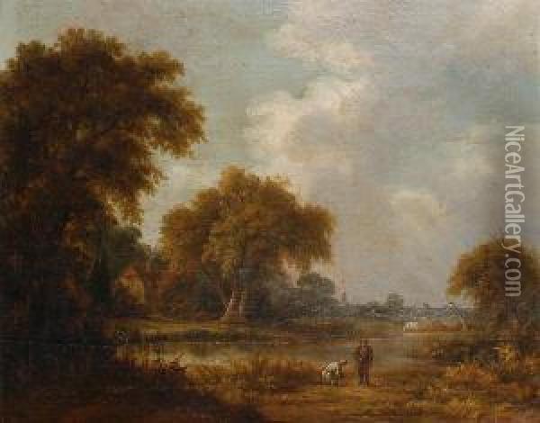 Figures By A Lake With Cattle Grazingbeyond Oil Painting - J. Westall