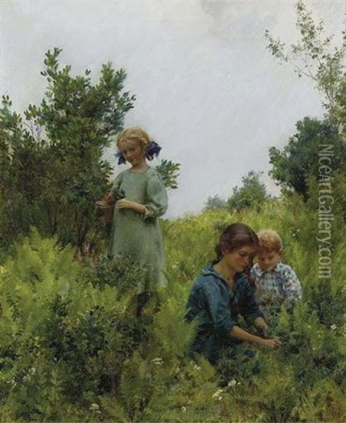 Blueberries And Ferns Oil Painting - Charles Courtney Curran