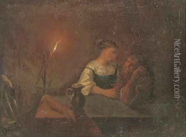 A couple drinking in an interior by candlelight Oil Painting - Godried Schalken