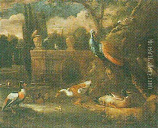 Decorative Fowl In A Parkland Oil Painting - Marmaduke Cradock