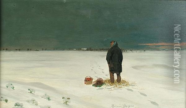 A Man In An Extensive Winter Landscape Oil Painting - Reiner Dahlen