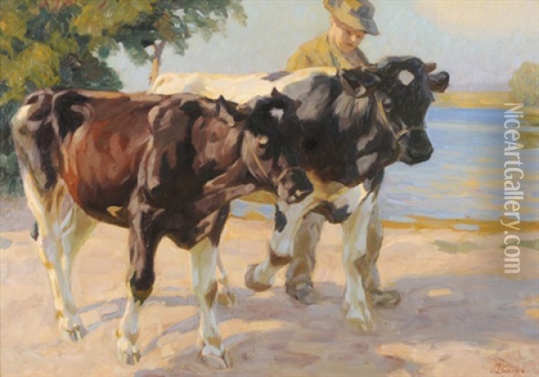 Bauer Mit Zwei Rindern Oil Painting - Franz Jakob Elmiger