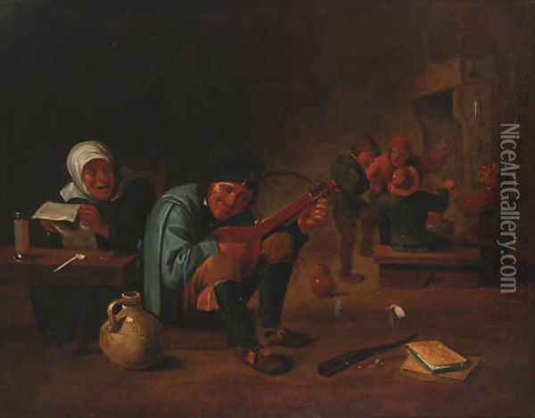 A peasant playing a lute in a tavern interior Oil Painting - David The Younger Teniers