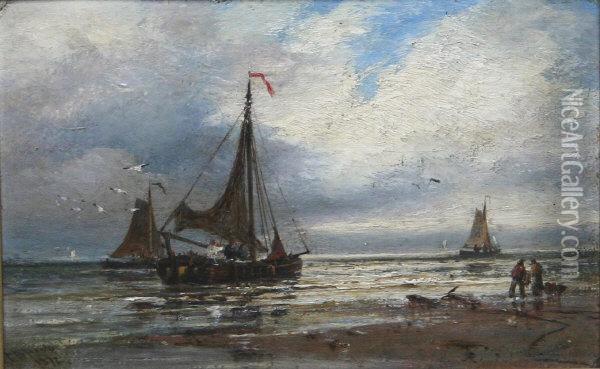 Fishing Boats By Shore With Figures On Beach Oil Painting - Thomas Bush Hardy