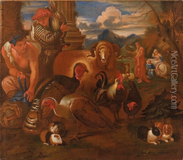 Szene Mit Noah Und Tieren Oil Painting - Giovanni Benedetto Castiglione