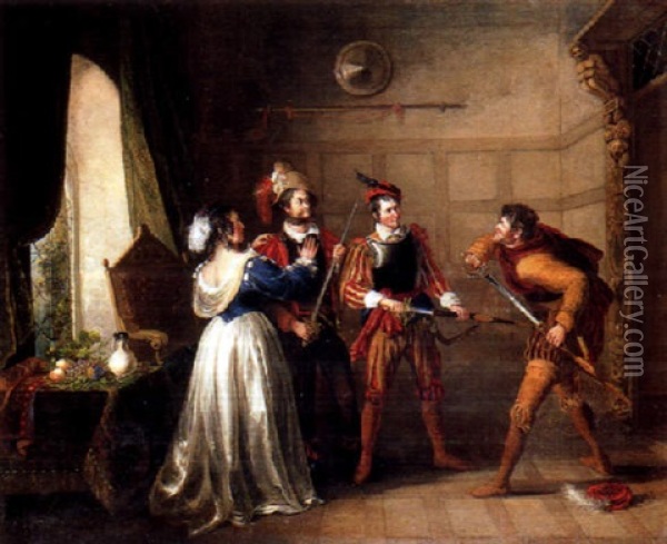 King Henry The Fifth, Act 2 - Mrs. Quickly, Pistol, Nym And Bardolph Oil Painting - John Cawse