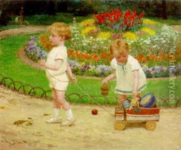 Two Children With A Cart Of Toys Oil Painting - Victor Gabriel Gilbert