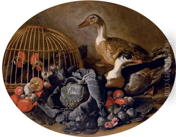 Animali Da Cortile, Funghi E Ortaggi Oil Painting - Jacob van der Kerckhoven