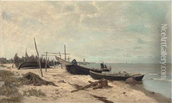 Fisherfolk On The Shore Oil Painting - Alexander Georg Fedorovitch Schlater