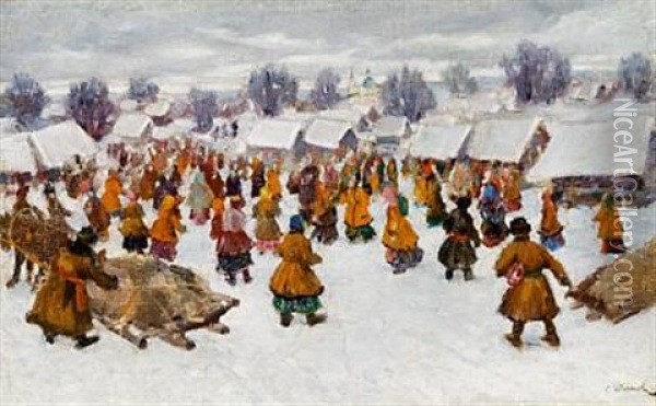 Streetlife Outside A Snow-covered Village In Russia Oil Painting - Sergei Vasilievich Ivanov