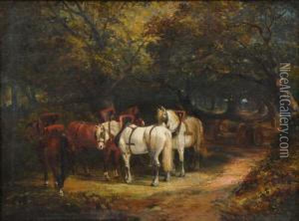 Team Of Horses And A Timberwagon In Woodland, Figure On A Path Beyond Oil Painting - Joseph Clark