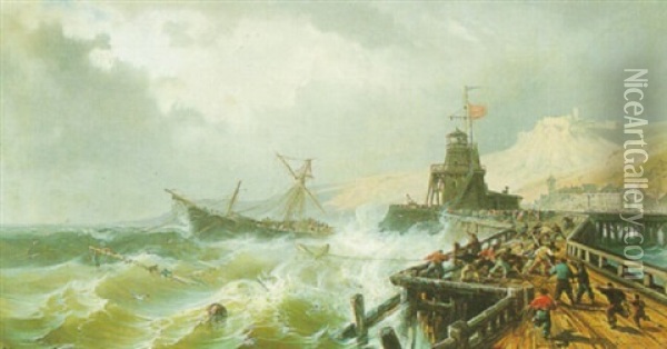Rescuing A Ship In Stormy Seas Oil Painting - Charles Euphrasie Kuwasseg
