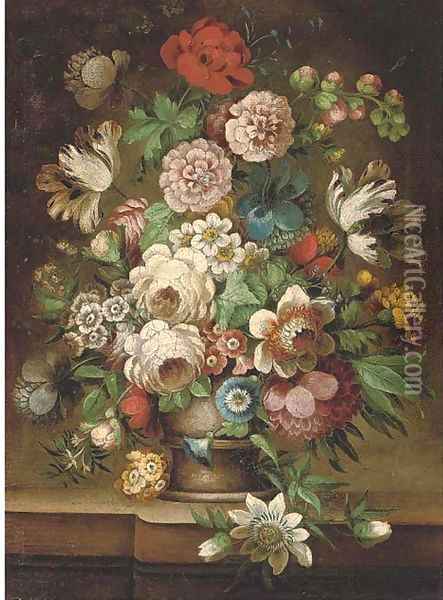 Parrot tulips, roses, carnations, a poppy, morning glory and other flowers in an urn on a stone ledge Oil Painting - Jan van Os